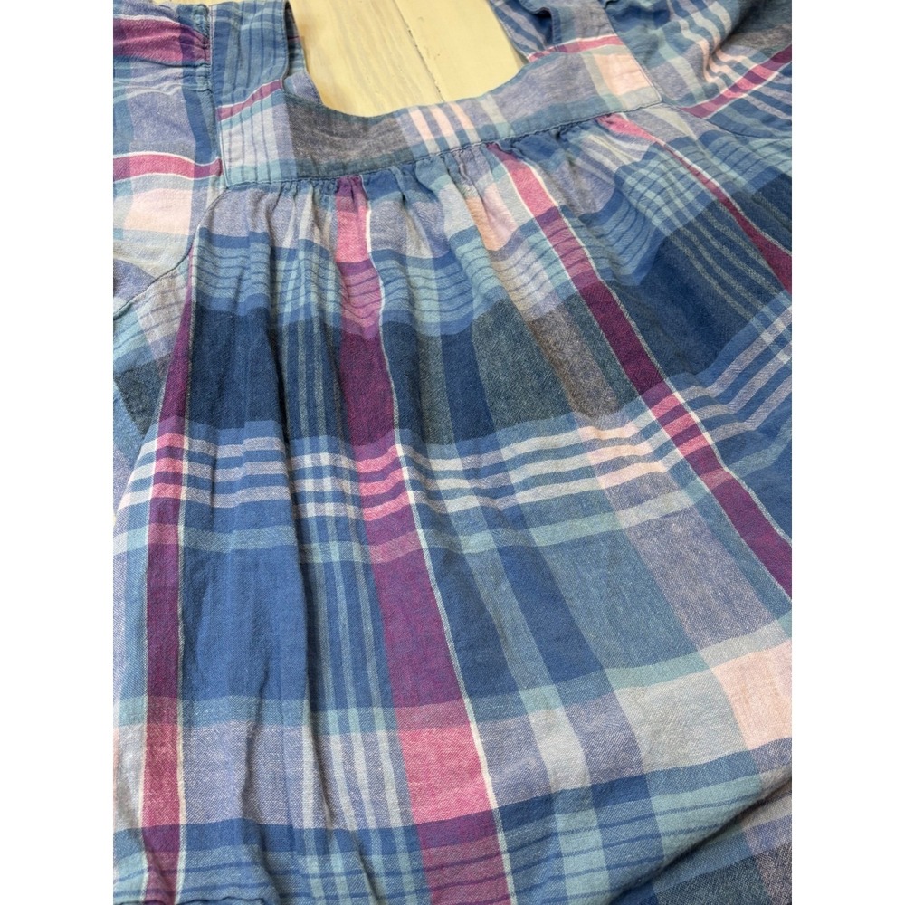 Beach Lunch Lounge Blue Purple Plaid Linen Cotton Square Neck Ruffle Top Large - Picture 11 of 13